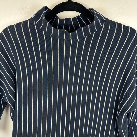Zara W&B Collection Womens Half Sleeve Mock Neck Navy/White Striped Shirt Small - Picture 3 of 10